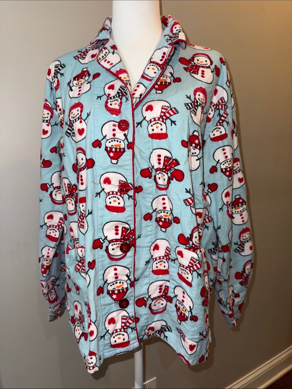 PJ Salvage Light Blue Snowman Print women’s Pajama Top with Red Accents
